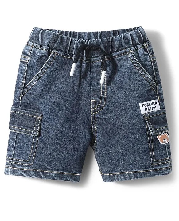 Babyhug Twill Lycra Mid Thigh Shorts With Stretch & Teddy Bear Patch - Blue